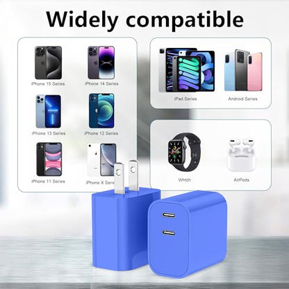 USB C Charger Block 3 Pack, Dual Port 20W Fast Wall Plug (Blue) - color: Blue