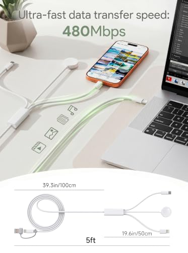 【60W 5FT】for Apple Watch Charger Fast Charging, 3-in-2 Multi Charging Cable, Nylon Braided USB C/L iWatch Charger Cord for iWatch Series Ultra 3/2/SE/11/10/9/8/7/6/5, iPhone 17 15 16 Pro Max/14/13/12