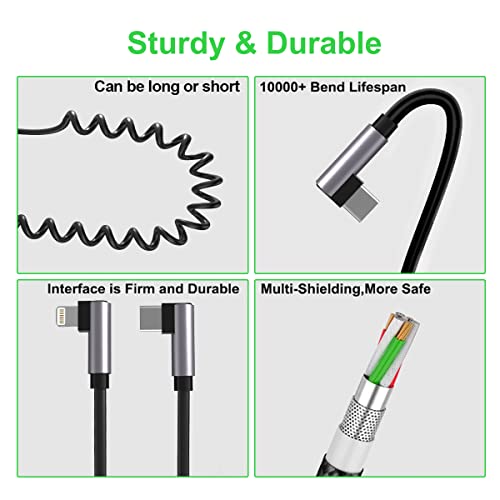 Apple CarPlay Right Angle USB C to Lightning Coiled Coiled Charging Cable，90 Degree Elbow Apple Sync Data Spring Retractable Cord Adapter for iPhone 14/13/12/11/SE/Xs/Xr/8/iPad-3FT