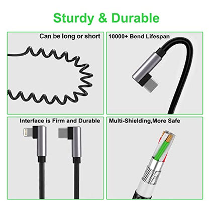 Apple CarPlay Right Angle USB C to Lightning Coiled Coiled Charging Cable，90 Degree Elbow Apple Sync Data Spring Retractable Cord Adapter for iPhone 14/13/12/11/SE/Xs/Xr/8/iPad-3FT