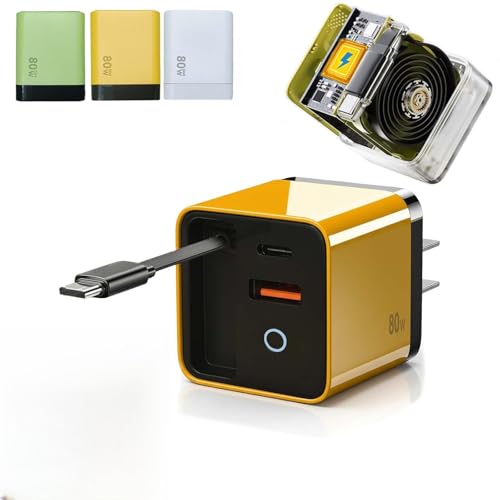3 in 1 80w max Retractable USB-C Fast Charging Wall Charger with Built-in Cable — Compact Travel-Ready Design, Easy to Carry, Ideal for Hotel Stay, Desktop Charging & On-the-Go Use (Yellow)