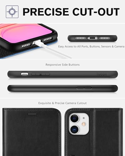 TUCCH Wallet Case for iPhone 11 (6.1"), 3 Card Holders, Black & Light Blue | RFID Blocking, Viewing Stand, Shockproof TPU Shell, PU Leather, Magnetic Closure, Protective Folio Flip Cover - color: Black & Light Blue