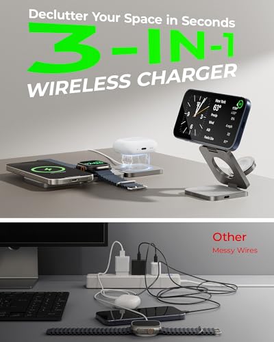 3 in 1 Charging Station for Apple - Qi2.2 25W Magnetic Wireless Charger for iPhone 18/17, Apple Watch, AirPods, Travel Fast Charging Foldable Stand with 45W GaN Adapter, Aluminum Alloy Design - color: Titanium Color