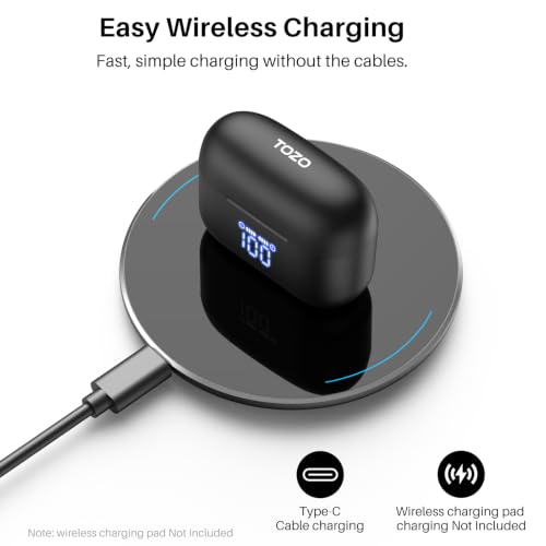 TOZO T20 Wireless Earbuds 97H Playtime, Wireless Charging LED Display Case - color: Black