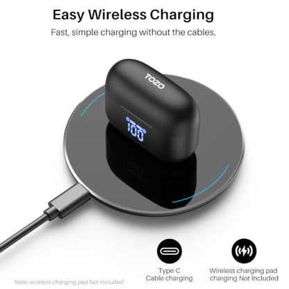 TOZO T20 Wireless Earbuds 97H Playtime, Wireless Charging LED Display Case - color: Black