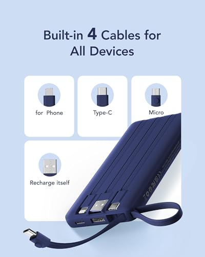 VRURC Portable Charger, Built in 4 Cables & Lanyard Power Bank 10000mAh - color: Navy