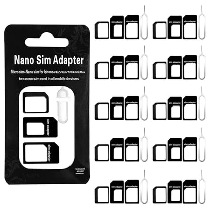 10 Pack, Sim Card Adapter Nano Micro - Standard 4 in 1 Converter Kit with Steel Tray Eject Pin, Black