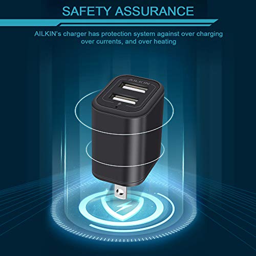 USB Power Adapter, Wall Plug Ailkin 2-Pack 5V/2.1A Fast Charging Cell Phone - color: Black