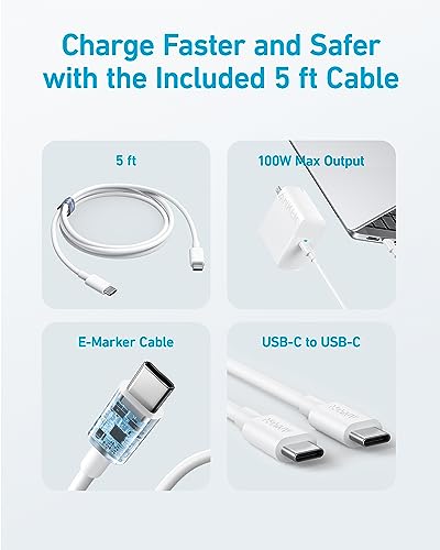 Anker Laptop Charger, Compact Foldable 100W USB C Charger with 5FT Cable - color: Arctic White