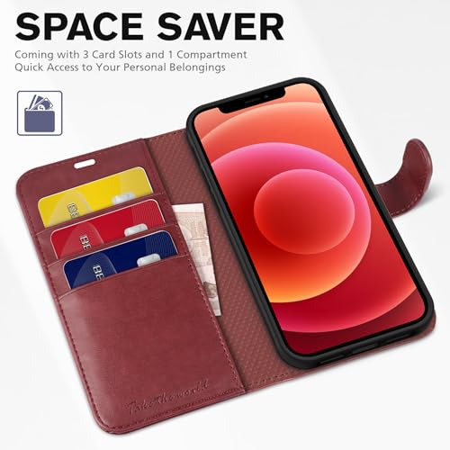 TUCCH Case Wallet for iPhone 12/12 Pro 6.1", RFID Blocking Folio, Dark Red | 3 Card Holders, Kickstand, PU Leather, Magnetic Closure, Shockproof TPU Shell, Protective Flip Cover - color: Dark Red