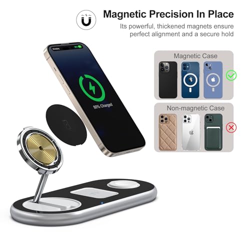 3 in 1 Charging Station for Apple Devices, Faster Mag-Safe Charger Stand, Magnetic Wireless Charger Station for iPhone 17 16 15 14 13 12 Pro Max Plus, Apple Watch iwacth & AirPods, Adjustable Angle - color: Crystal Silver