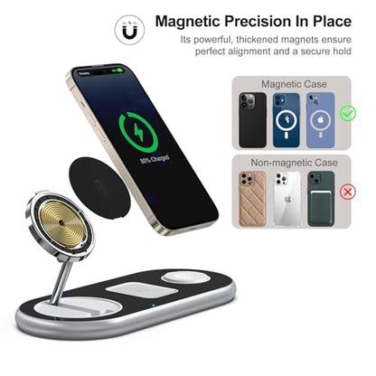3 in 1 Charging Station for Apple Devices, Faster Mag-Safe Charger Stand, Magnetic Wireless Charger Station for iPhone 17 16 15 14 13 12 Pro Max Plus, Apple Watch iwacth & AirPods, Adjustable Angle - color: Crystal Silver