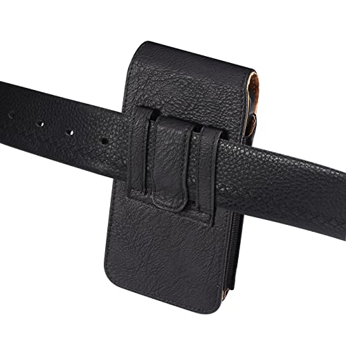 Cell Phone Belt Clip Bag Leather, Mobile Phone Blet Pouch Mens, Universal Waterproof Leather Smartphone Belt Loop Holster with Card Holder Carabiner Hook Wallet Purse Pocket for Outdoor Sport Travel - color: Black