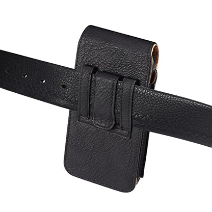 Cell Phone Belt Clip Bag Leather, Mobile Phone Blet Pouch Mens, Universal Waterproof Leather Smartphone Belt Loop Holster with Card Holder Carabiner Hook Wallet Purse Pocket for Outdoor Sport Travel - color: Black