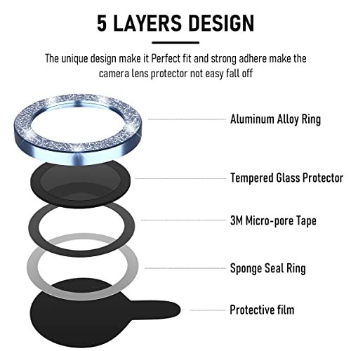 Suoman 3-Pack for iPhone 13 Pro 6.1 inch / 13 Pro Max 6.7 inch Camera Lens Protector, 9H Hardness Tempered Glass Film, [Glitter diamonds] Individual Metal Protective Cover - Far Peak Blue - color: Blue