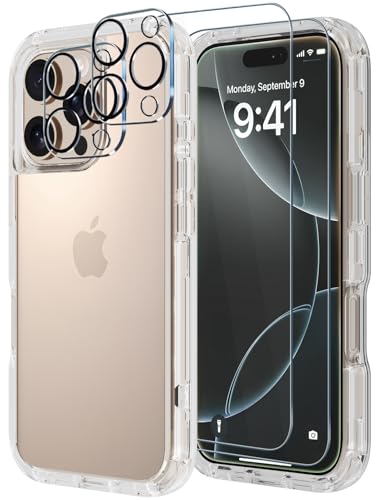 Diverbox for iPhone 16 Pro Case [Shockproof] [Dropproof] [Tempered Glass Screen Protector + Camera Protectors] Heavy Duty Protection Phone Case Cover for Apple iPhone 16 Pro (Clear) - color: Clear, size: For iphone 16 Pro