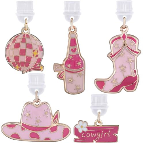SUNNYCLUE 5pcs Pink Dust Plug Charm Charging Port Charm Enamel Plastic Cute Western Pink Hat Boot Mobile Phone Anti Dustproof Plug Cover Protectors for E-Reader Cellphone Women Laptops Accessories - style: Style 1
