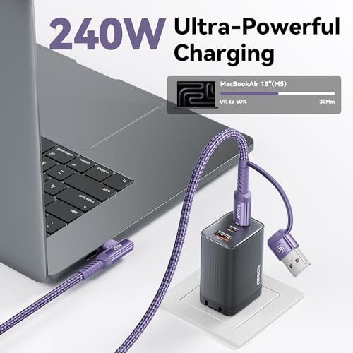 240W USB C to USB C Cable 10FT 2Pack, 2-in-1 Right Angle, Fast Charging - color: Purple