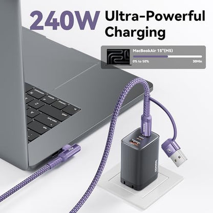 240W USB C to USB C Cable 10FT 2Pack, 2-in-1 Right Angle, Fast Charging - color: Purple