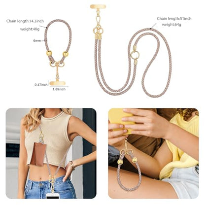 Crystal Phone Strap Crossbody and Wrist Lanyard, Anti Theft Layered & Wrist Strap Cell Phone Neck for Women - color: Light Brown a