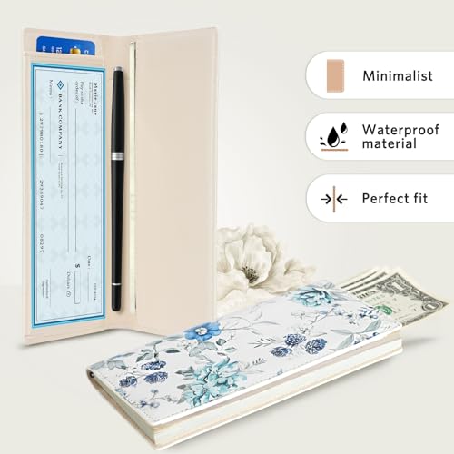 CoBak Checkbook Cover for Women & Men - PU Leather Case with RFID Blocking | Classic Design Check Book Holder for Personal and Business - color: Blue Bloom Symphony