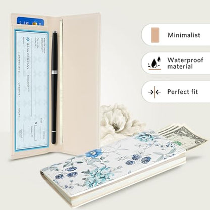 CoBak Checkbook Cover for Women & Men - PU Leather Case with RFID Blocking | Classic Design Check Book Holder for Personal and Business - color: Blue Bloom Symphony