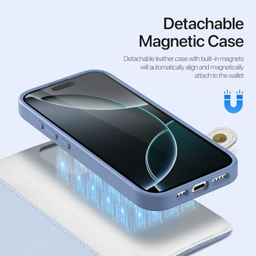 for iPhone 16 Pro Case Wallet, Detachable Magnetic Wallet Case | Compatible with Magsafe, RFID Blocking, Zipper Card Holder, PU Leather Flip Folio Case, Strap Wallet Case, Phone Kickstand - color: Blue, size: iPhone 16 Pro