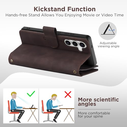 for Samsung Galaxy S24-FE-Wallet Case: with RFID Blocking Card Slots (6 Cards) | Soft PU Leather Magnetic Snap Zipper Pocket | Crossbody Wrist Strap Protective Phone Cover - Coffee - color: Coffee, size: Galaxy S24 FE（6.7‘’）
