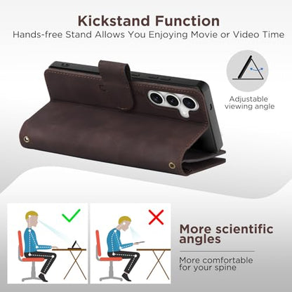 for Samsung Galaxy S24-FE-Wallet Case: with RFID Blocking Card Slots (6 Cards) | Soft PU Leather Magnetic Snap Zipper Pocket | Crossbody Wrist Strap Protective Phone Cover - Coffee - color: Coffee, size: Galaxy S24 FE（6.7‘’）