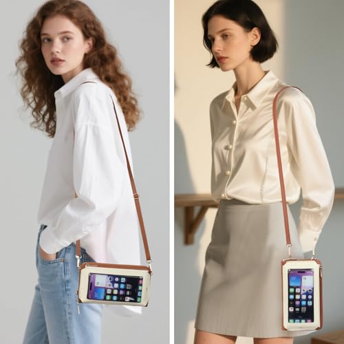 GOIACII Phone Purse Crossbody Bags for Women Small Travel Wallet Touch Screen RFID Blocking - color: A06 White and Brown