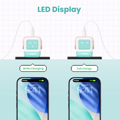 UGREEN Uno 30W USB C Charger, Compact Robot GaN Fast Charging Block, Green - color: Pink Blue