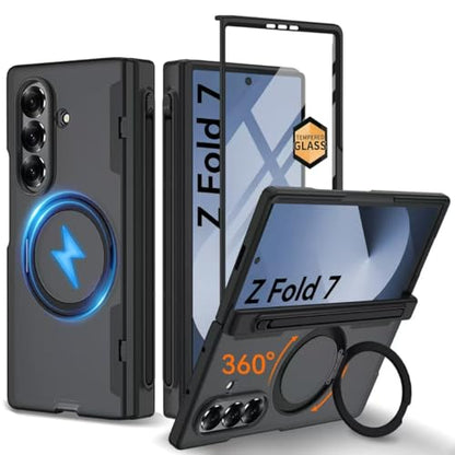 Upgraded 360° Spin Magnetic Invisible Ring Stand for Samsung Galaxy Z Fold 7 Case,[Compatible with MagSafe][S Pen Holder][Hinge Protection][Screen Protector],Shockproof Full Body Phone Cover(Black-1) - color: Black-1