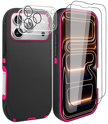 for iPhone 17 Pro Max Case with 2 Camera Lens Protector & 2 Screen Protector, Heavy Duty Full Body Protective Phone Case 6.9"(BlackRose) - color: 17 Pro Max-BlackRose