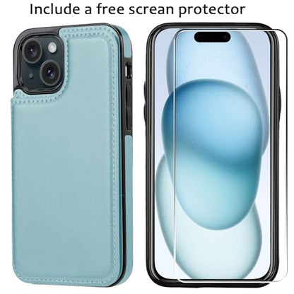 Wallet Case Compatible with iPhone 15 6.1”,Slim Protective case with Card Holder, PU Leather Kickstand Card Slots Case with a Screen Protector iPhone 15(6.1")-Ice Blue - color: Ice Blue