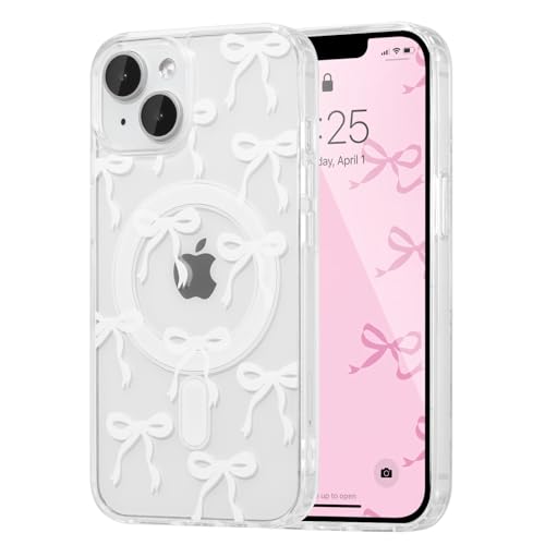 UEEBAI Magnetic for iPhone 15 Plus Case & iPhone 14 Plus Case, Bow Case Compatible with MagSafe, Wireless Slim Clear Ribbon Phone Cover Translucent Shockproof Protective Cover for Women Girl - White - color: White, size: iPhone 14 Plus/15 Plus