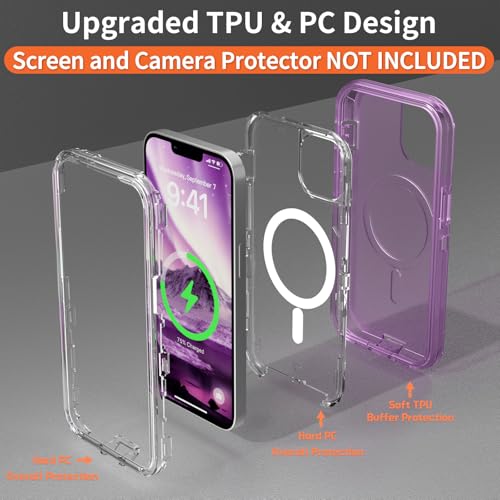 Follaroma Magnetic for iPhone 14 Case, Heavy Duty Phone Cases, Purple, 6.1" | Compatible with MagSafe, Heavy Duty Shock proof Protection, Military-Grade Anti-Drop, Dual Layer Transparent Protective Cover - color: Purple, size: iPhone 14 6.1''