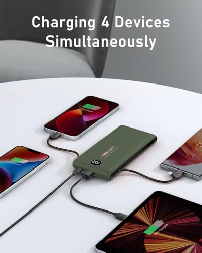 VEEKTOMX 10000mAh Portable Charger with Built-in Cables & Wall Plug - color: Dark Green