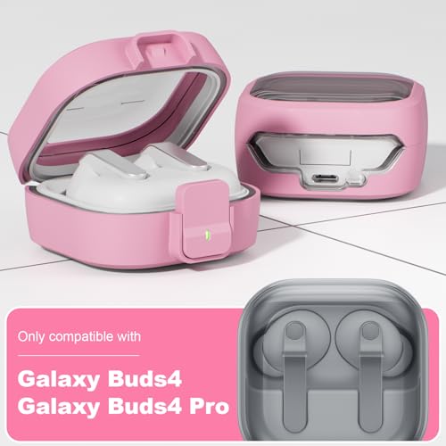 for Samsung Galaxy Buds 4/Buds 4 Pro Case (2026) with Secure Safety Lock Clip,Shockproof Scratch-Resistant TPU Transparent Soft Shell Protective Cover Accessories with Carabiner/Cleaning Kit(Pink) - color: Pink