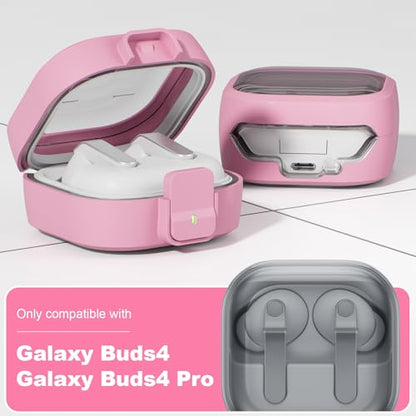 for Samsung Galaxy Buds 4/Buds 4 Pro Case (2026) with Secure Safety Lock Clip,Shockproof Scratch-Resistant TPU Transparent Soft Shell Protective Cover Accessories with Carabiner/Cleaning Kit(Pink) - color: Pink