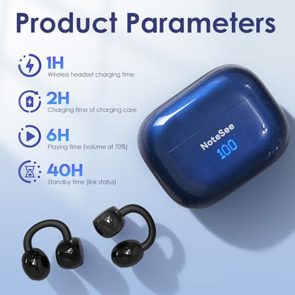 Open Ear Ring True Open Ear Headphones, Lightweight Comfort Open Ear Clip Wireless Earbuds, 40H Play Bluetooth 5.4 Headphones with Smart Digital Display Design Fit Sports Running, Workout Black
