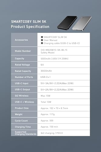 CIO SMARTCOBY Slim 5K 5000mAh Qi2 MagSafe Power Bank Safety Model (Silver) | Lightweight travel, advanced overheat protection, stays cool during use, 15W wireless, 20W USB-C PD, for iPhone - color: Silver