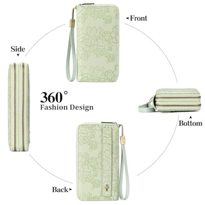 GAEKEAO RFID Leather Wristlet Wallet for Women with Grip Strap | Large capacity clutch wallet, credit card holder, wrist strap, zipper purse, travel and shopping - color: A12 Embossed Light Green-1