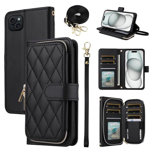Argyle Wallet Case for iPhone 13 6.1 inch with Wrist Strap Shoulder Strap Flip Zipper Purse, 9+ Card Slot Stand Checkered Cell Phone Cover for iPhone13 5G i i-Phone i13 iPhone13case Black | Wrist/Shoulder Strap, 9+ Card Slot, Stand, Checkered, Flip Cell P