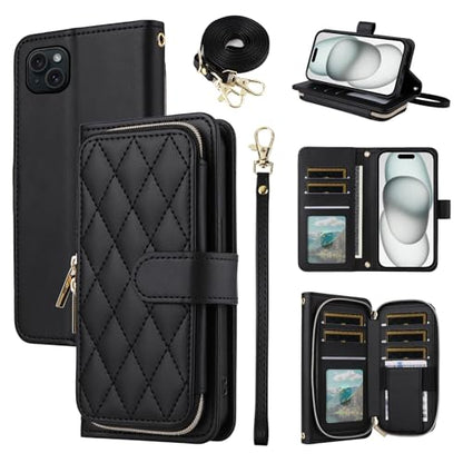 Compatible with iPhone 15 6.1 inch Wallet Case with Wrist Strap, Shoulder Strap, 9+ Card Slots Zipper Purse, Leather Stand Cell Phone Cover for iPhone15 5G i i-Phone i15 15Case Women Black | Wrist/Shoulder Strap, 9+ Card Slots, PU Leather, Stand, Card Hol