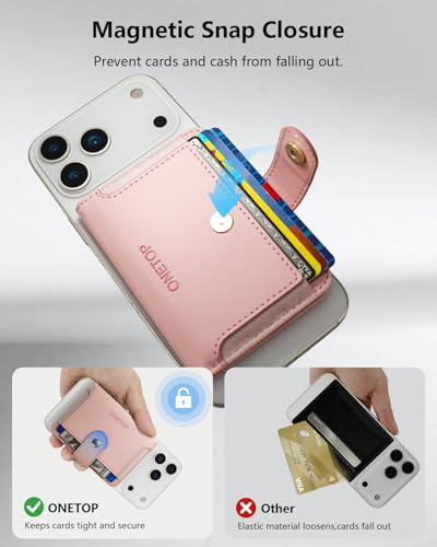 ONETOP for MagSafe Wallet,Magnetic Phone Wallet with 5 Card Slots,Pink | 1-12 Cards/Cash Holder for iPhone 17/16/15/14/13/12 Series,Detachable Wallet Stick-On Back,PU Leather RFID Blocking Kickstand - color: Pink