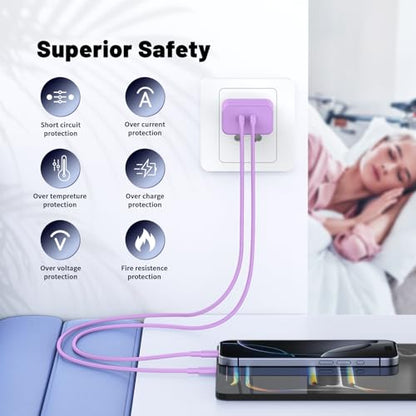 QZIIW iPhone 17 16 15 Pro Max Fast Charger,45W Dual Port USB C Fast Charger - color: Purple, size: 3FT+6FT+10FT+10FT