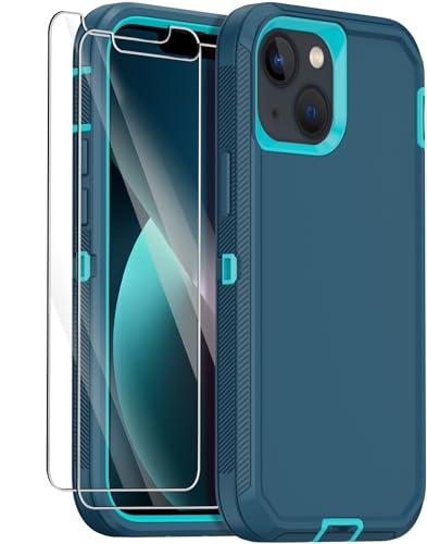 for iPhone 13 Case with 2 Screen Protector,Shockproof Drop Protection Full Body Heavy Duty 3 Layer Military Rugged Durable Phone Cover for Apple iPhone 13 6.1" (Teal) - color: Teal