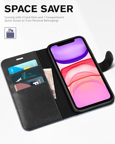 TUCCH Wallet Case for iPhone 11 (6.1"), 3 Card Holders, Black & Light Blue | RFID Blocking, Viewing Stand, Shockproof TPU Shell, PU Leather, Magnetic Closure, Protective Folio Flip Cover - color: Black & Light Blue