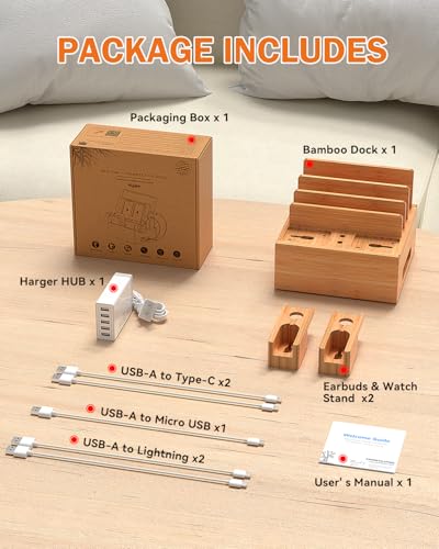 Pezin & Hulin Bamboo Phone Charging Station with 5-Port Charger & 5 Cables - color: Dock Rack+Cables+Charger