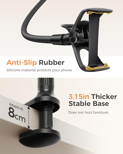 SAIJI Gooseneck Phone Holder for Bed Overall Length 38.6” Flexible Leather Wrapped Arm Overhead Cell Phone Mount Stand with 360° Adjustable Clamp Clip, Compatible with All 4-7” Cellphones (Black) - color: Black, size: 38.6 in